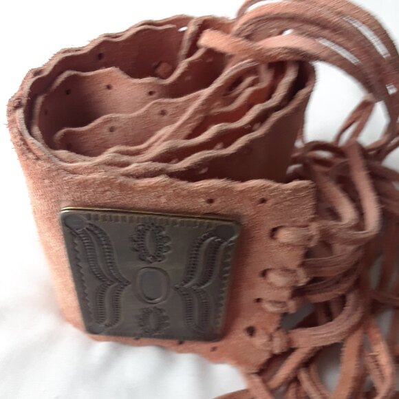 Genuine Suede Wide Boho Tie Hip Belt With Fringe and Bronze Medallions - Picture 2 of 14